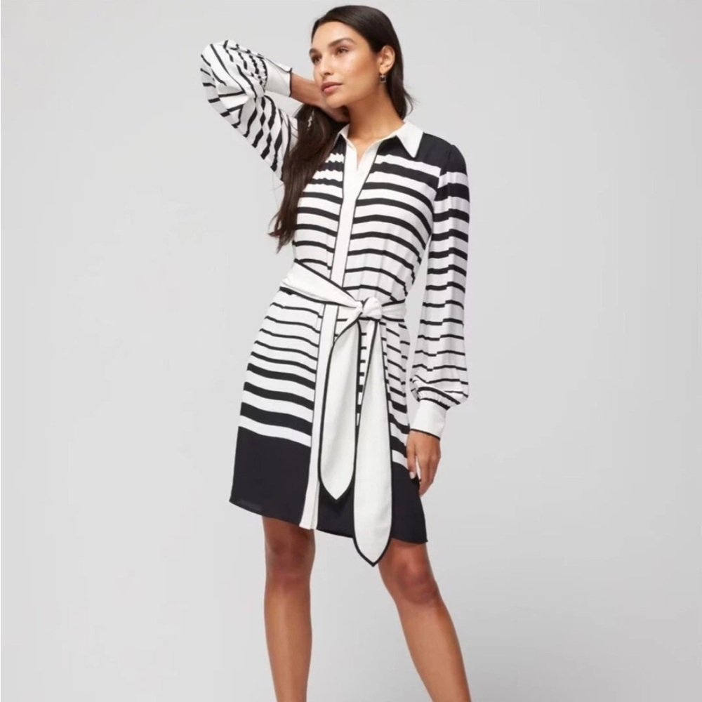 White House Black Market Striped Black & White Sheath Belted Dress Sz Medium